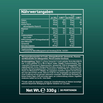 ⚡ Rocka Nutrition STRONG – 330 г | Мулти-нутриентен микс с креатин, ашваганда, витамин K2+D3, магнезий и цинк 🏋️ За мъже, които искат повече сила и издръжливост | Веган формула за мощ и възстановяване | Произведено в Германия - urmax