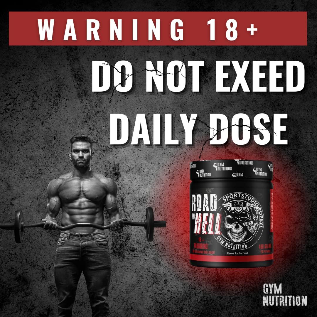 ROAD TO HELL - Ultra Hardcore Booster Pre workout - Pulver - ATP + L-Arginin + Citrullin + Beta Alanin + Koffein 400g in Zusammenarbeit mit Sportstudio Popeye Ice Tea Peach Geschmack Vegan - urmax