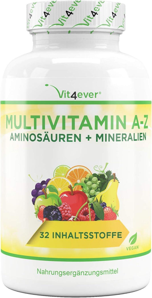 Multivitamin A-Z - 365 Tabletten (12 Monate) - 32 aktive Inhaltsstoffe - Kombination aus Mineralien + Aminosäuren + Spurenelementen + Pflanzenextrakten - Vegan - Hochdosiert - urmax