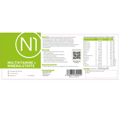 N1 Multivitamin Tabletten hochdosiert - Alle Vitamine + Mineralien - 365 Tabl. Jahresvorrat - vegetarisch - Nahrungsergänzungsmittel - urmax