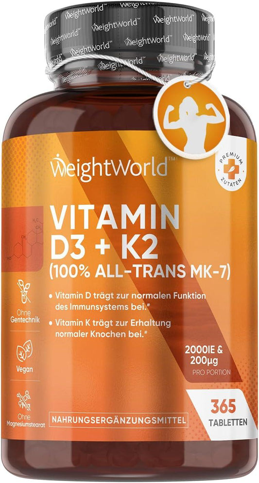 🔥 WeightWorld Vitamin D3 K2 – 365 Таблетки | 2-Годишен Прием | 2000 IU Витамин D3 + 200 µg Витамин K2 (MK-7) | Веган | Натурален Източник 🏆 СИЛНА ИМУННА ЗАЩИТА, ЗДРАВИ КОСТИ И МУСКУЛИ! - urmax