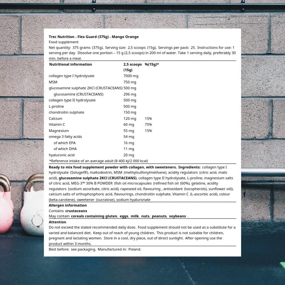 Trec Nutrition Flex Guard – 375 g (Orange und Mango) 💪 Gelenk- und Sehnenergänzung mit Kollagen Typ I, MSM, Glucosaminsulfat, Omega-3, Kalzium und Hyaluronsäure.
