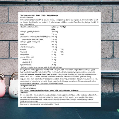 Trec Nutrition Flex Guard – 375 g (Orange und Mango) 💪 Gelenk- und Sehnenergänzung mit Kollagen Typ I, MSM, Glucosaminsulfat, Omega-3, Kalzium und Hyaluronsäure.