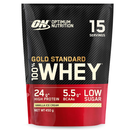 Optimum Nutrition Gold Standard 100% Molkenproteinpulver für Muskelaufbau und -regeneration mit natürlich vorkommendem Glutamin und BCAA-Aminosäuren, Vanilla Ice Cream, 15 Portionen, 450 g - urmax