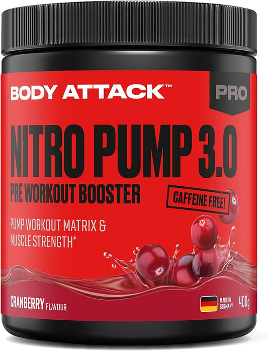 Body Attack Nitro Pump 3.0 Pre Workout Booster Extreme, ohne Koffein, Cranberry 400g - urmax