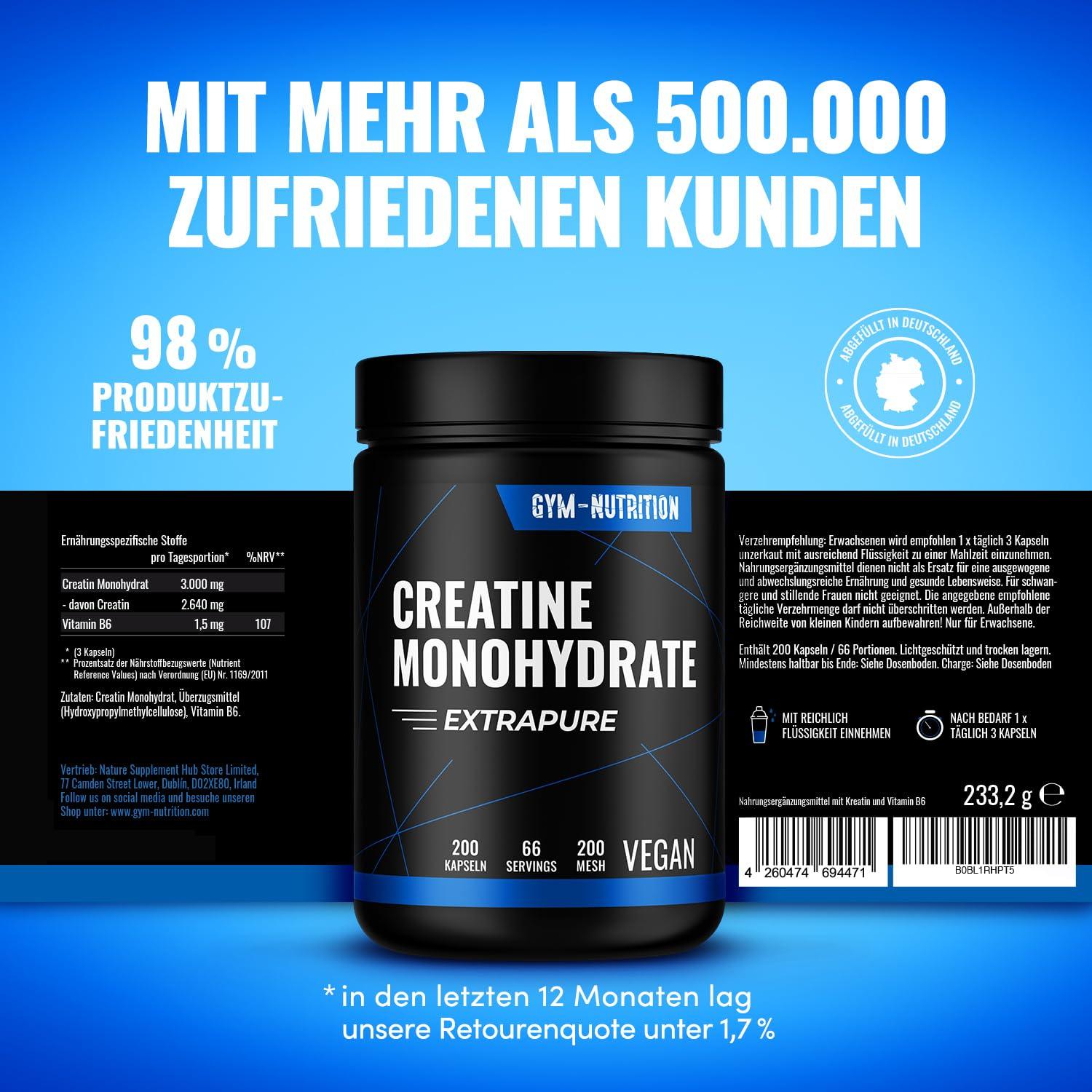 CREATIN Monohydrat Kapseln 3000mg Caps - 200 Creatine hochdosiert, Pures Kreatin Monohydrat - Mesh 200- Vegan, Abgefüllt in Deutschland Trainings & Fitness Ergänzungsmittel 66 Portionen - urmax