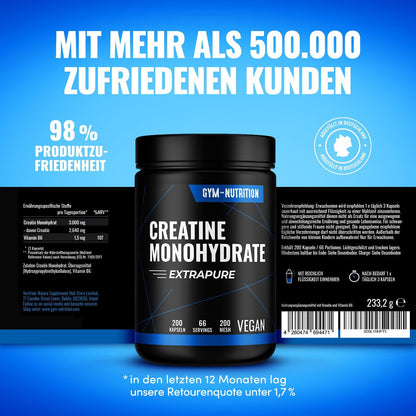 CREATIN Monohydrat Kapseln 3000mg Caps - 200 Creatine hochdosiert, Pures Kreatin Monohydrat - Mesh 200- Vegan, Abgefüllt in Deutschland Trainings & Fitness Ergänzungsmittel 66 Portionen - urmax