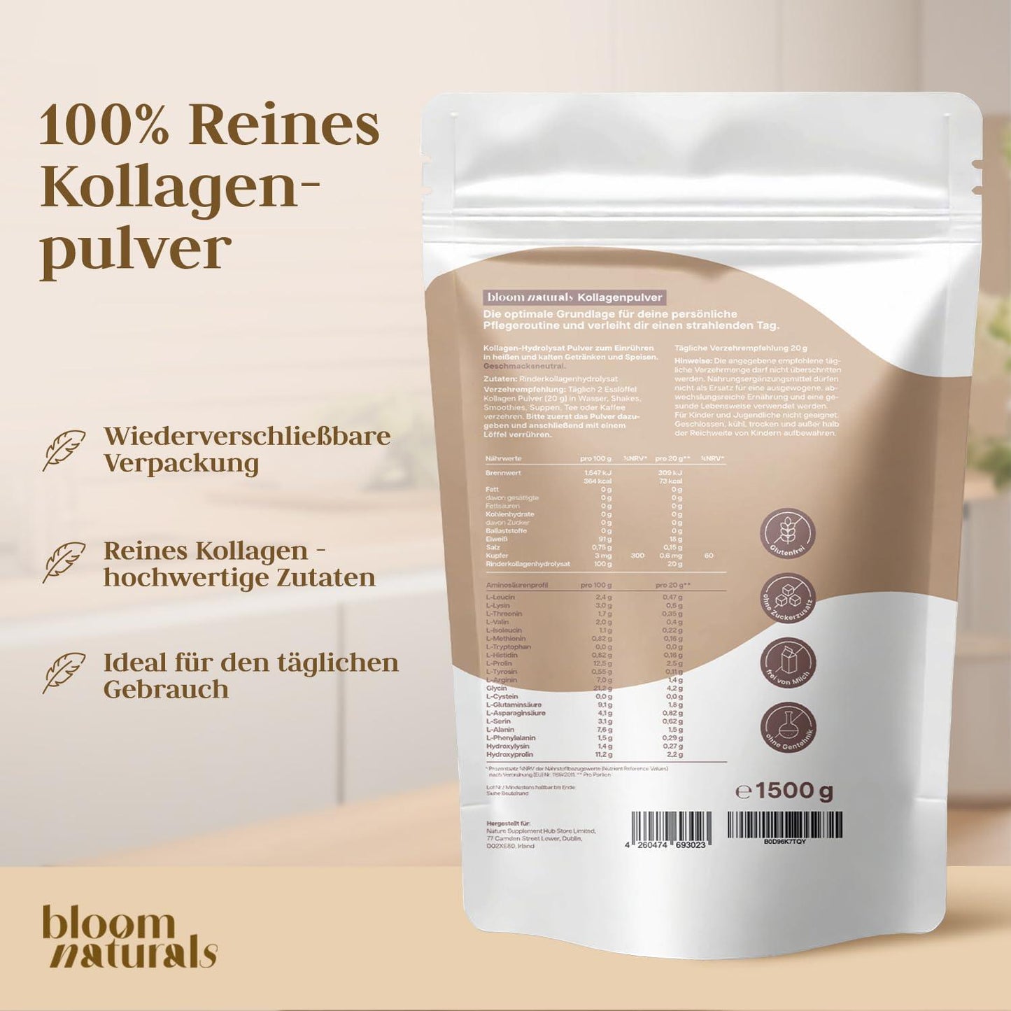 Collagen Pulver 1500g – Високодозиран колаген хидролизат тип 1 и 3 💎 Красива кожа, здрави стави и сияйна коса – отвътре навън! - urmax