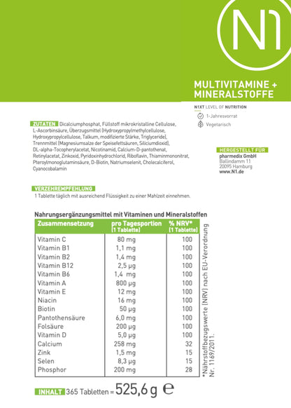 N1 Multivitamin Tabletten hochdosiert - Alle Vitamine + Mineralien - 365 Tabl. Jahresvorrat - vegetarisch - Nahrungsergänzungsmittel - urmax