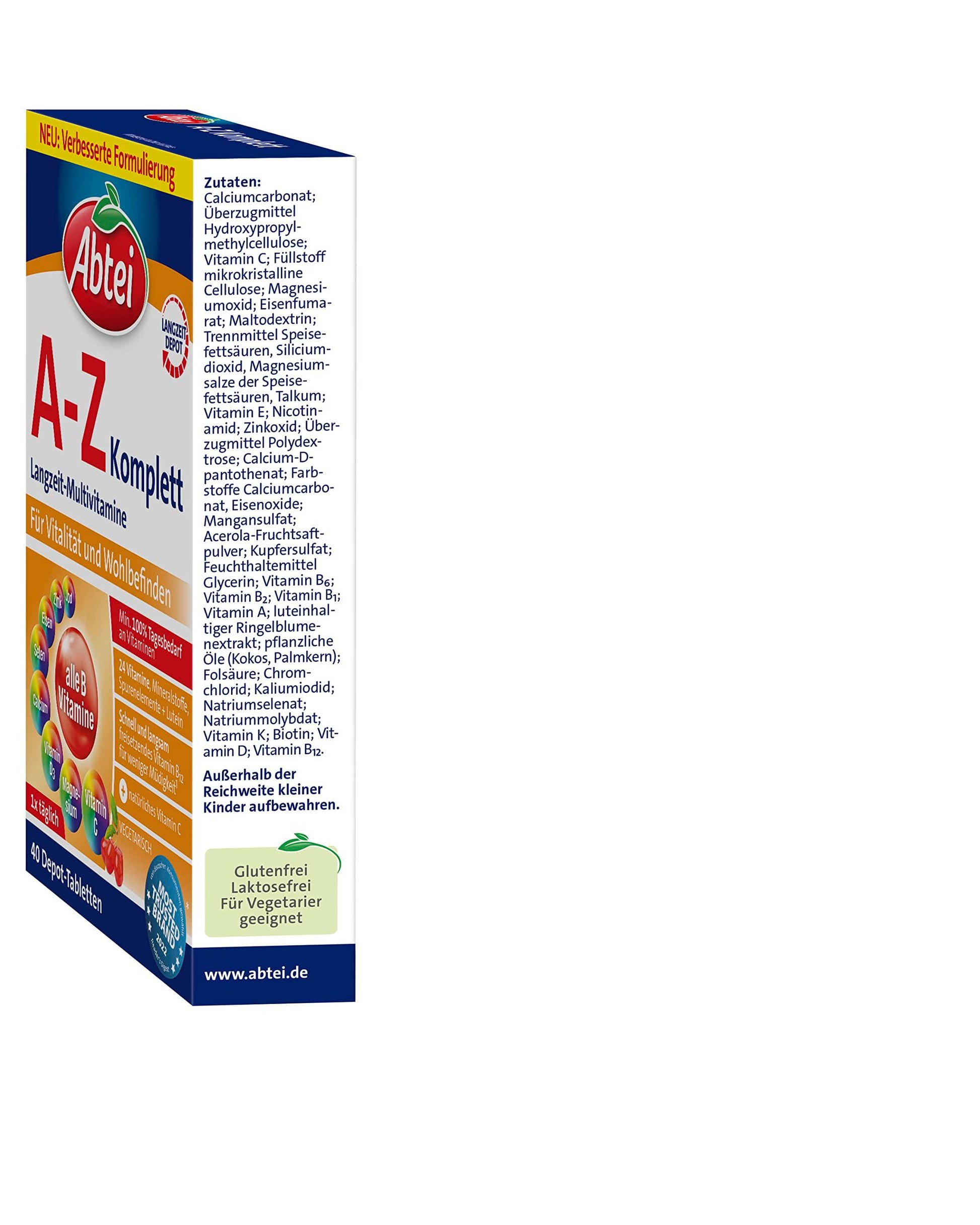 Abtei A-Z Komplett Langzeit-Multivitamine - 24 Vitamine und Mineralstoffe - hochdosiert, vegetarisch - 40 Depot-Tabletten - urmax