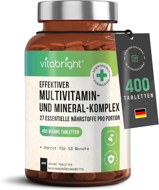 Multivitamin Tabletten Hochdosiert 400, 13 Monate Vitamine, Mineralien & Ergänzungsmittel A-Z vitamine und mineralstoffe, Nahrungsergänzungsmittel Frauen/Männer, VitaBright Vegan Multivitamin Komplex - urmax