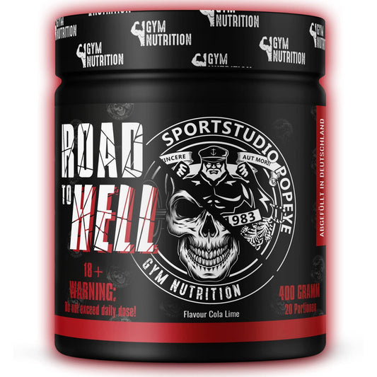 ROAD TO HELL - Ultra Hardcore Booster Pre workout - Pulver - ATP + L-Arginin + Citrullin + Beta Alanin + Koffein 400g in Zusammenarbeit mit Sportstudio Popeye Ice Tea Peach Geschmack Vegan - urmax