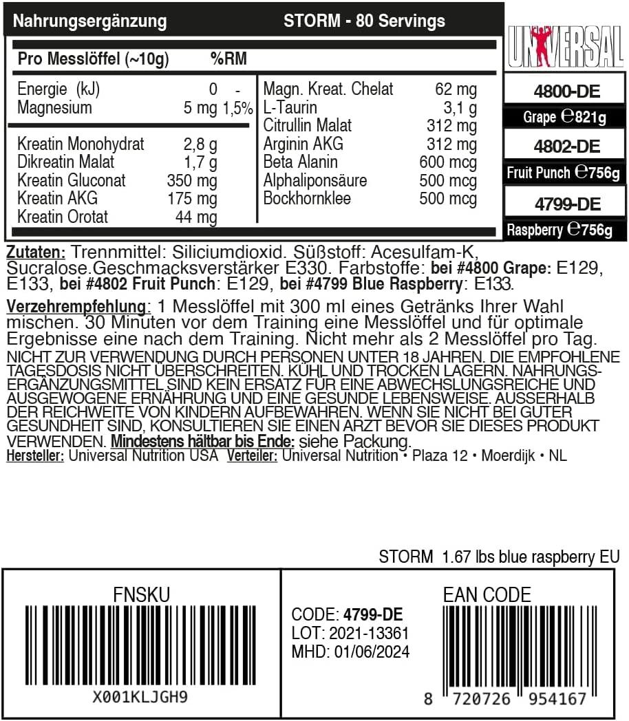 Universal Nutrition Storm Fruit Punch Powder | Creatine-Matrix Kreatin | Muskelaufbau - urmax