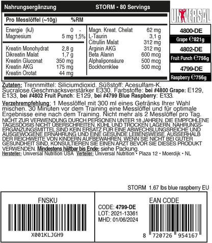 Universal Nutrition Storm Fruit Punch Powder | Creatine-Matrix Kreatin | Muskelaufbau - urmax