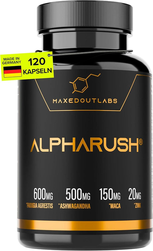 Alpharush | Männer Komplex mit Maca (20:1) | Hochdosiert mit Tribulus Terrestris, Ashwagandha und Fadogia Agrestis | Maca Kapseln Männer | Alternative zu Tongkat Ali | 120 Kapseln Men Macca Booster - urmax