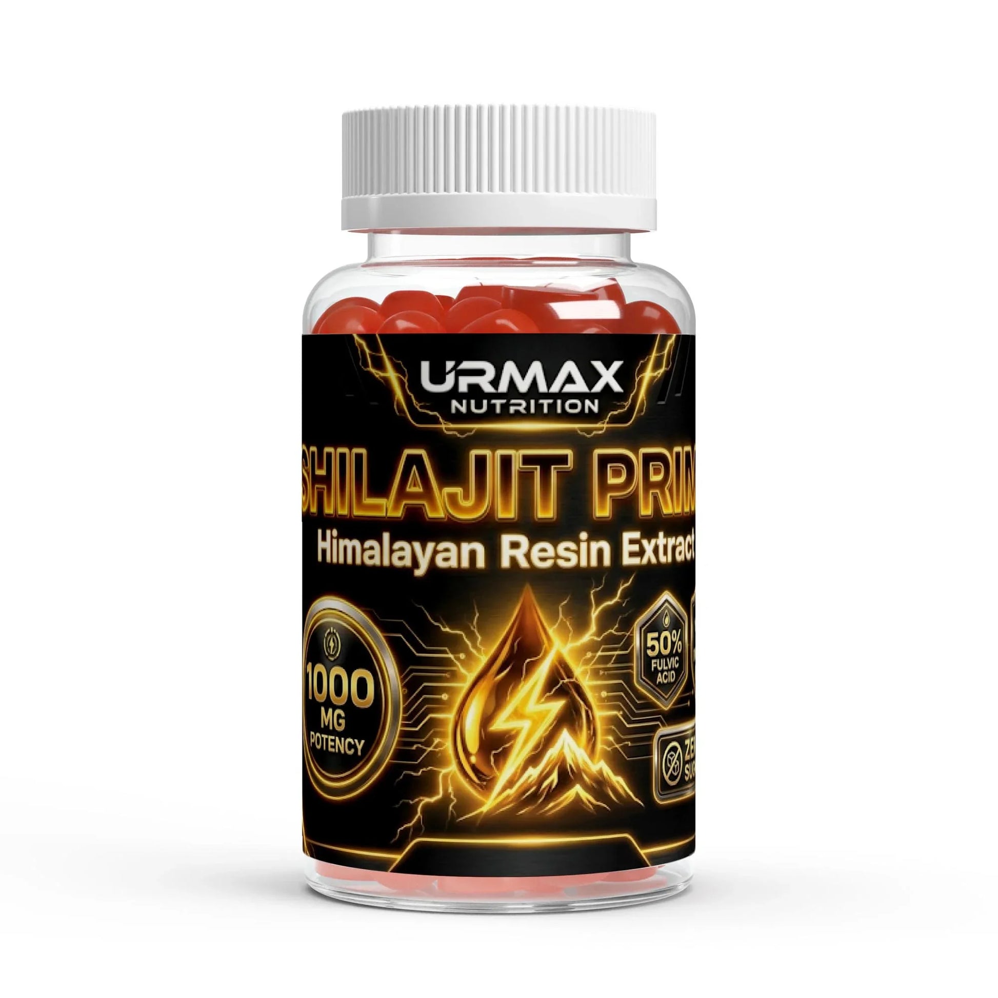 URMAX Nutrition Shilajit Prime Himalayan resin extract supplement bottle, 1000mg, 50% fulvic acid