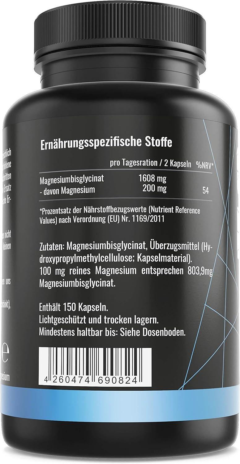 Magnesium – Hochdosiert – Laborgeprüft - Magnesium-Bisglycinat – 100mg reines Magnesium pro Kapsel ohne Zusätze — vegan - Made in Germany — 150 Kapseln - urmax