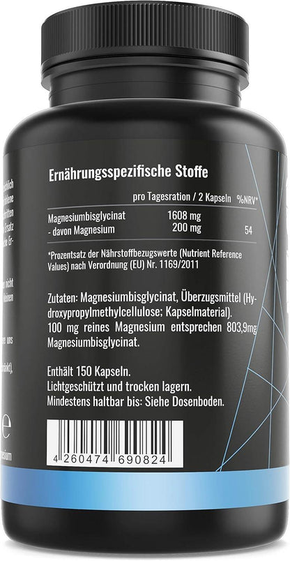 Magnesium – Hochdosiert – Laborgeprüft - Magnesium-Bisglycinat – 100mg reines Magnesium pro Kapsel ohne Zusätze — vegan - Made in Germany — 150 Kapseln - urmax