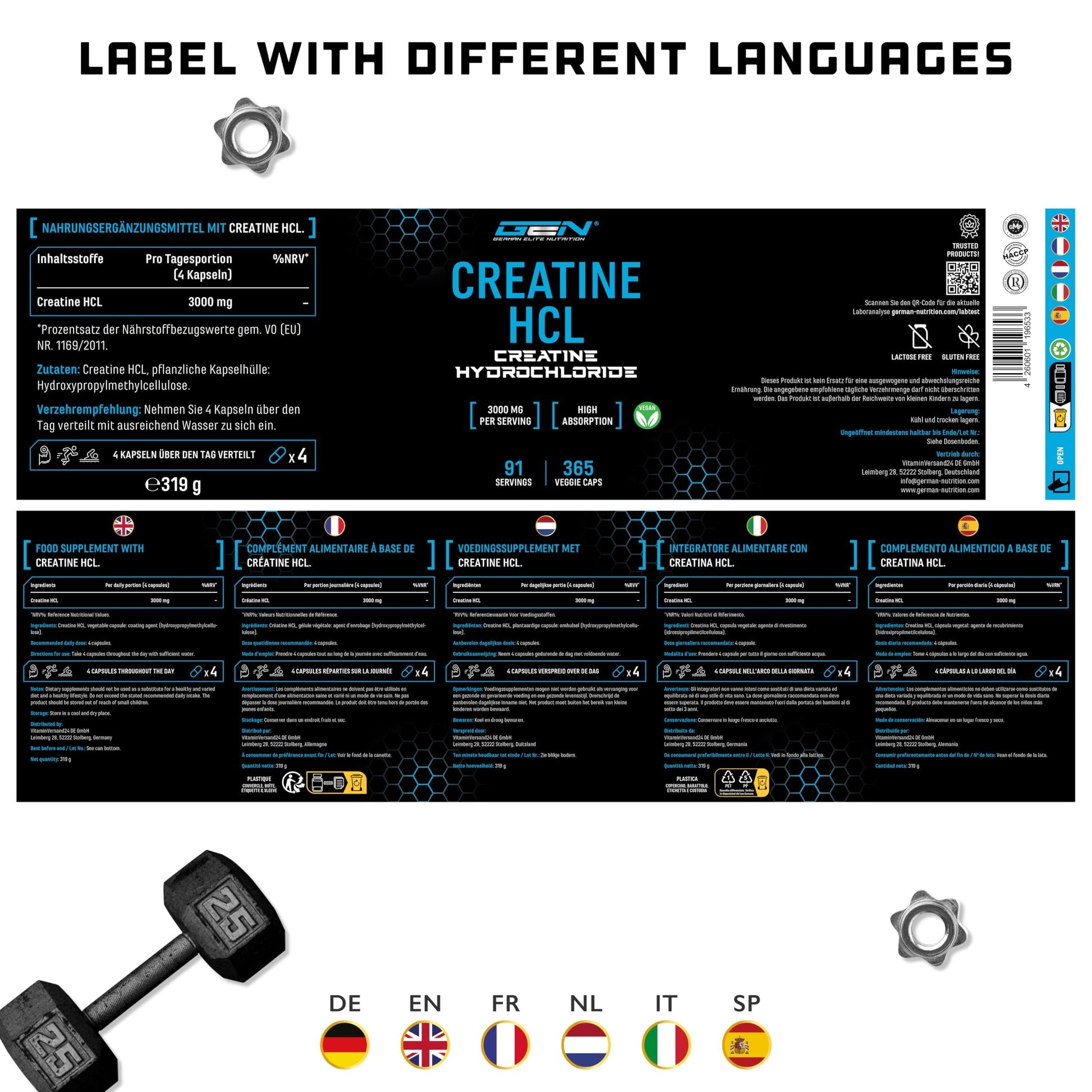 Creatine HCL - 180 Capsules - High Dose with 3000 mg - Pure Creatine Hydrochloride - High Absorption - High Bioavailability - Vegan - urmax