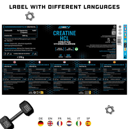 Creatine HCL - 180 Capsules - High Dose with 3000 mg - Pure Creatine Hydrochloride - High Absorption - High Bioavailability - Vegan - urmax