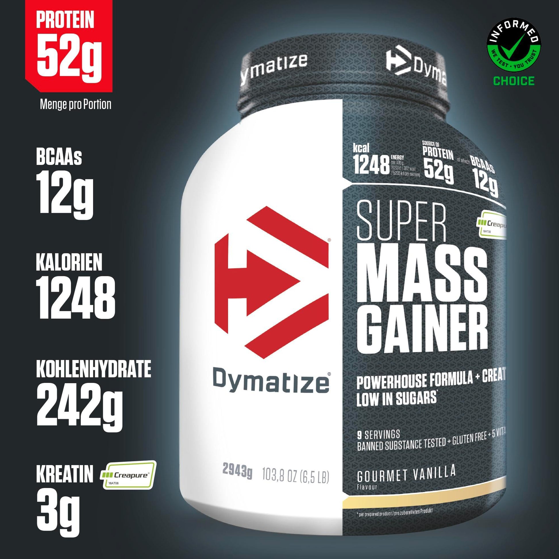 Dymatize Super Mass Gainer Cookies & Cream 2943g - Weight-Gainer Pulver + Kohlenhydrate, Creapure Kreatin, BCAAs und Casein - urmax