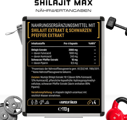 Mumijo Shilajit Max – 180 Capsules – Extra Strong: 2000 mg per Daily Serving – 50% Fulvic Acid + 12% Humic Acid + Bioenhancer – Original Himalaya 10:1 Extract – Vegan - urmax