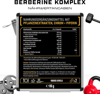 Berberin HCL Komplex - Hochdosiert mit 1120 mg pro Tagesportion - GDA Formel mit 7 aktiven Inhaltsstoffen - 120 Kapseln - Vegan - urmax