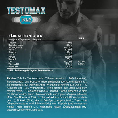 Healthy Fusion TestoMax Testosterone Booster Maca, Ginseng, Tribulus, Taurine and Vitamins Promotes Muscle Building Fat Burning and Revitalising Effect 120 Capsules - urmax