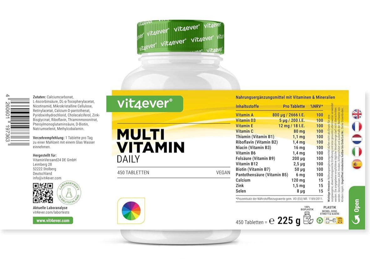 Multivitamin Daily - 450 Tabletten mit Bioaktiv-Formen - 15 Monate Vorrat - Wertvolle Mineralien & alle A-Z Vitamine - Vegan - urmax