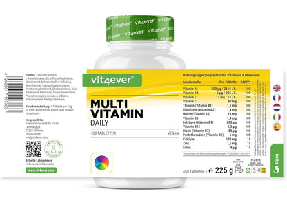 Multivitamin Daily - 450 Tabletten mit Bioaktiv-Formen - 15 Monate Vorrat - Wertvolle Mineralien & alle A-Z Vitamine - Vegan - urmax