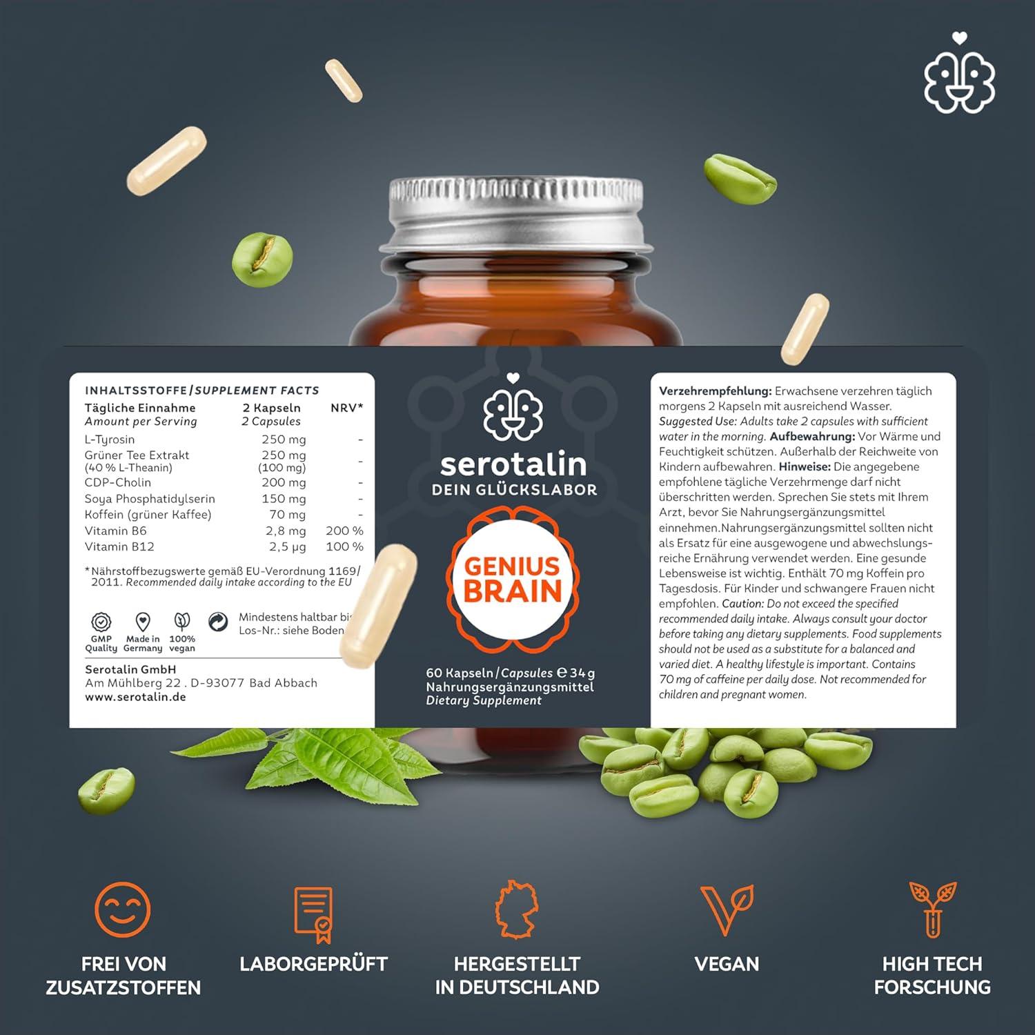 serotalin® GENIUS BRAIN KAPSELN | Mit +CDP-Cholin +L-Tyrosin +Vitamin B6 +Vitamin B12 | 60 vegane Kapseln - urmax