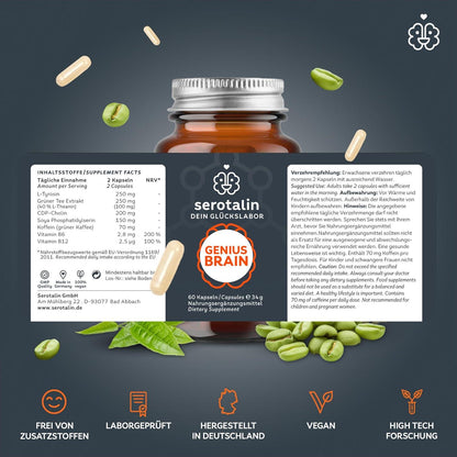 serotalin® GENIUS BRAIN KAPSELN | Mit +CDP-Cholin +L-Tyrosin +Vitamin B6 +Vitamin B12 | 60 vegane Kapseln - urmax
