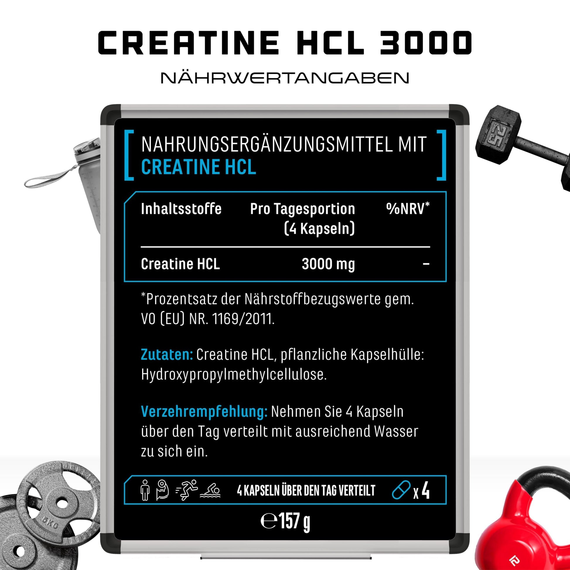 Creatine HCL - 180 Capsules - High Dose with 3000 mg - Pure Creatine Hydrochloride - High Absorption - High Bioavailability - Vegan - urmax