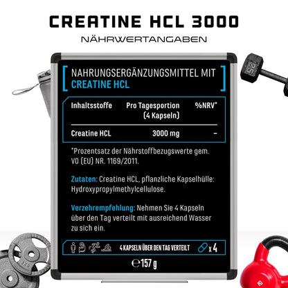Creatine HCL - 180 Capsules - High Dose with 3000 mg - Pure Creatine Hydrochloride - High Absorption - High Bioavailability - Vegan - urmax