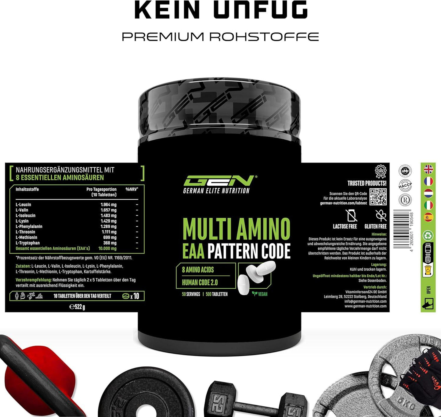 Multi Amino-EAA Pattern Code - 500 Tabletten mit je 1000 mg - Human Code Formel - Alle 8 essentielle Aminosäuren - Aus pflanzlicher Fermentation - Hochdosiert - Vegan - urmax
