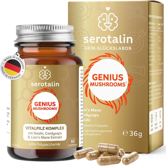 serotalin GENIUS MUSHROOMS Complex - Reishi I Lion's Mane I Cordyceps I 60 Pilz Komplex Kapseln hochdosiert & ohne Zusatzstoffe | Deutsche Produktion & Labor getestet I Vegan - urmax