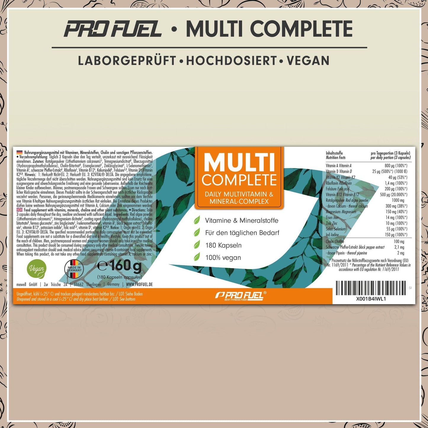 Vegane Vitamine & Mineralstoffe - 180 Kapseln - MULTI COMPLETE Multivitamin & Mineral-Komplex vegan: Vitamin A, B2, B12, D3, K2, Folsäure, Calcium, Magnesium, Zink, Eisen, Selen, Jod - 2 Monats-Vorrat - urmax
