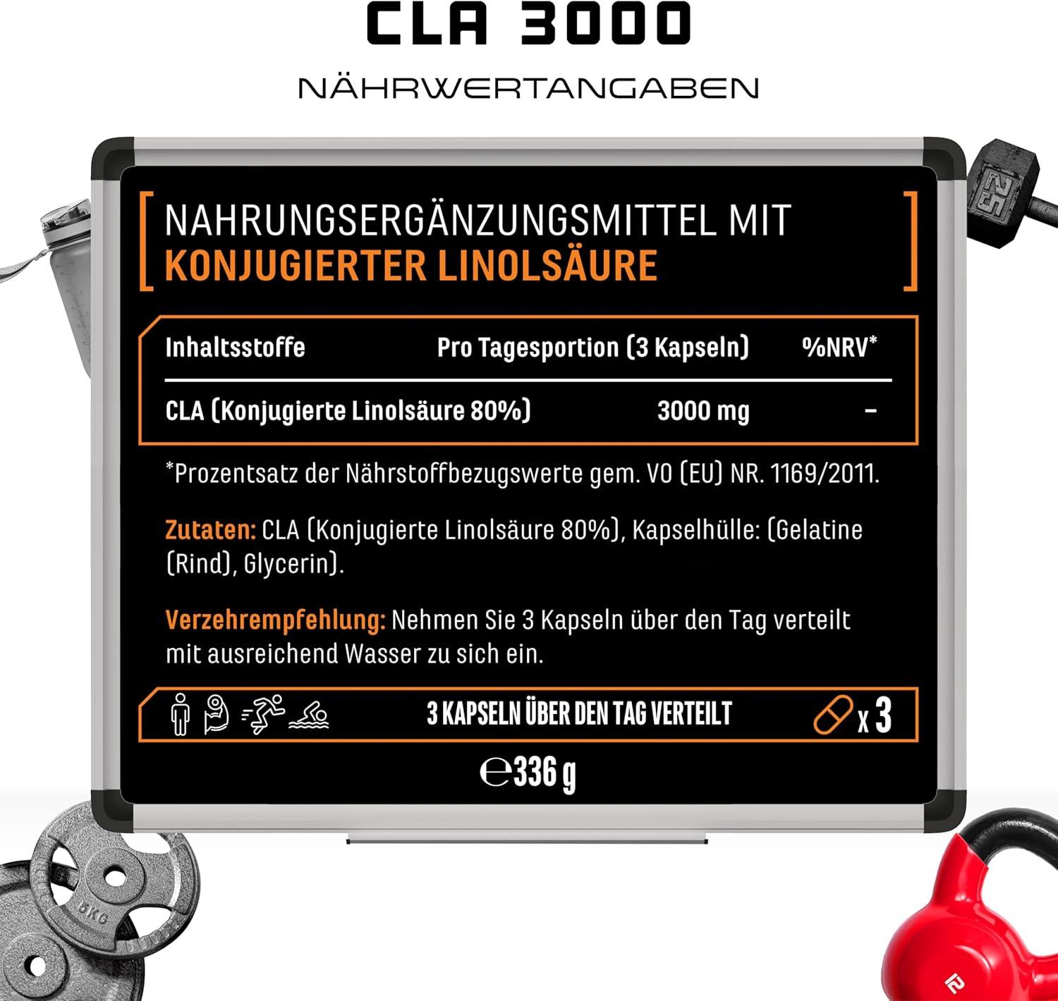 CLA - 240 Kapseln mit jeweils 1000 mg - Hochdosiert mit 3000 mg pro Tagesportion - Laborgeprüft - Konjugierte Linolsäure Fettsäure - Premium Qualität - German Elite Nutrition - urmax