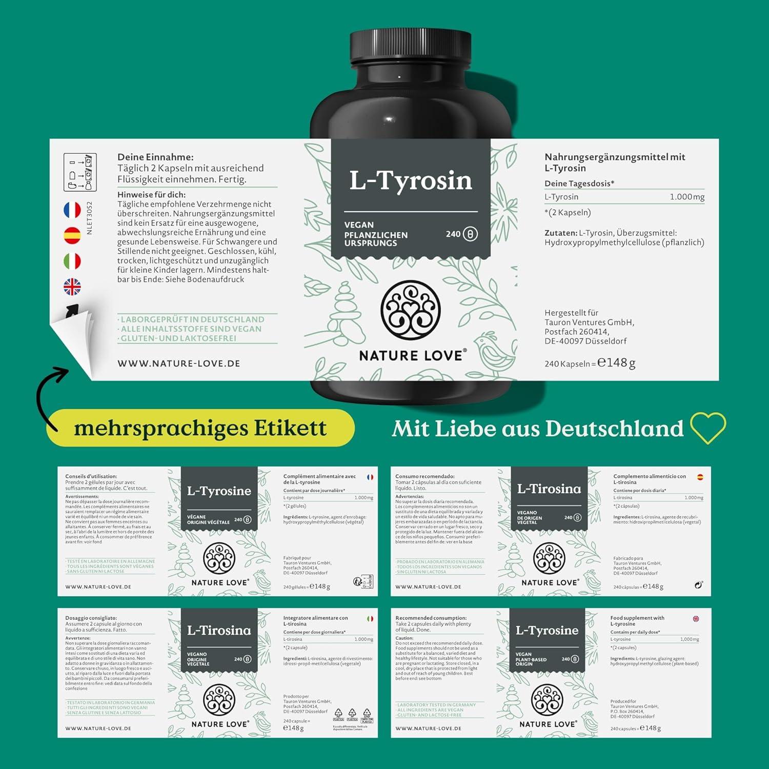 Veganes L-Tyrosin (240 Kapseln) - hochdosiert mit 1000 mg pro Tagesdosis - 4 Monate Reichweite - aus Fermentation, laborgeprüft und in Deutschland produziert - ohne unerwünschte Zusätze - urmax