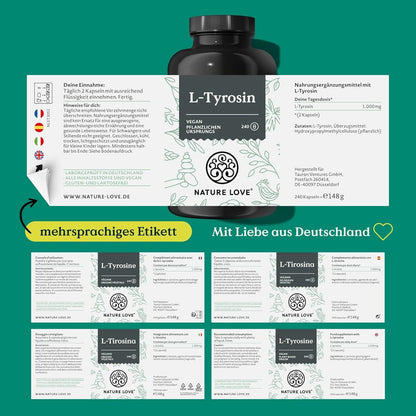 Veganes L-Tyrosin (240 Kapseln) - hochdosiert mit 1000 mg pro Tagesdosis - 4 Monate Reichweite - aus Fermentation, laborgeprüft und in Deutschland produziert - ohne unerwünschte Zusätze - urmax