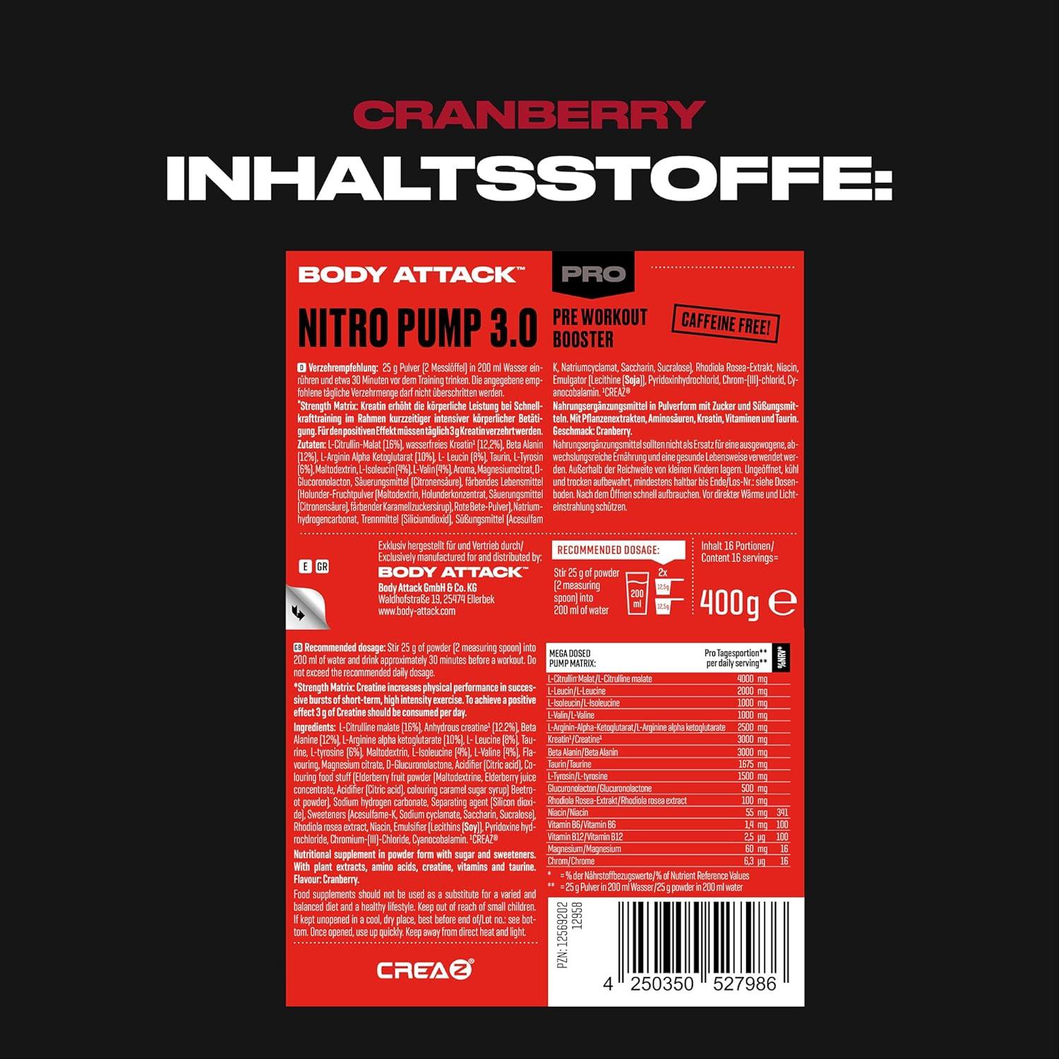 Body Attack Nitro Pump 3.0 Pre Workout Booster Extreme, ohne Koffein, Cranberry 400g - urmax