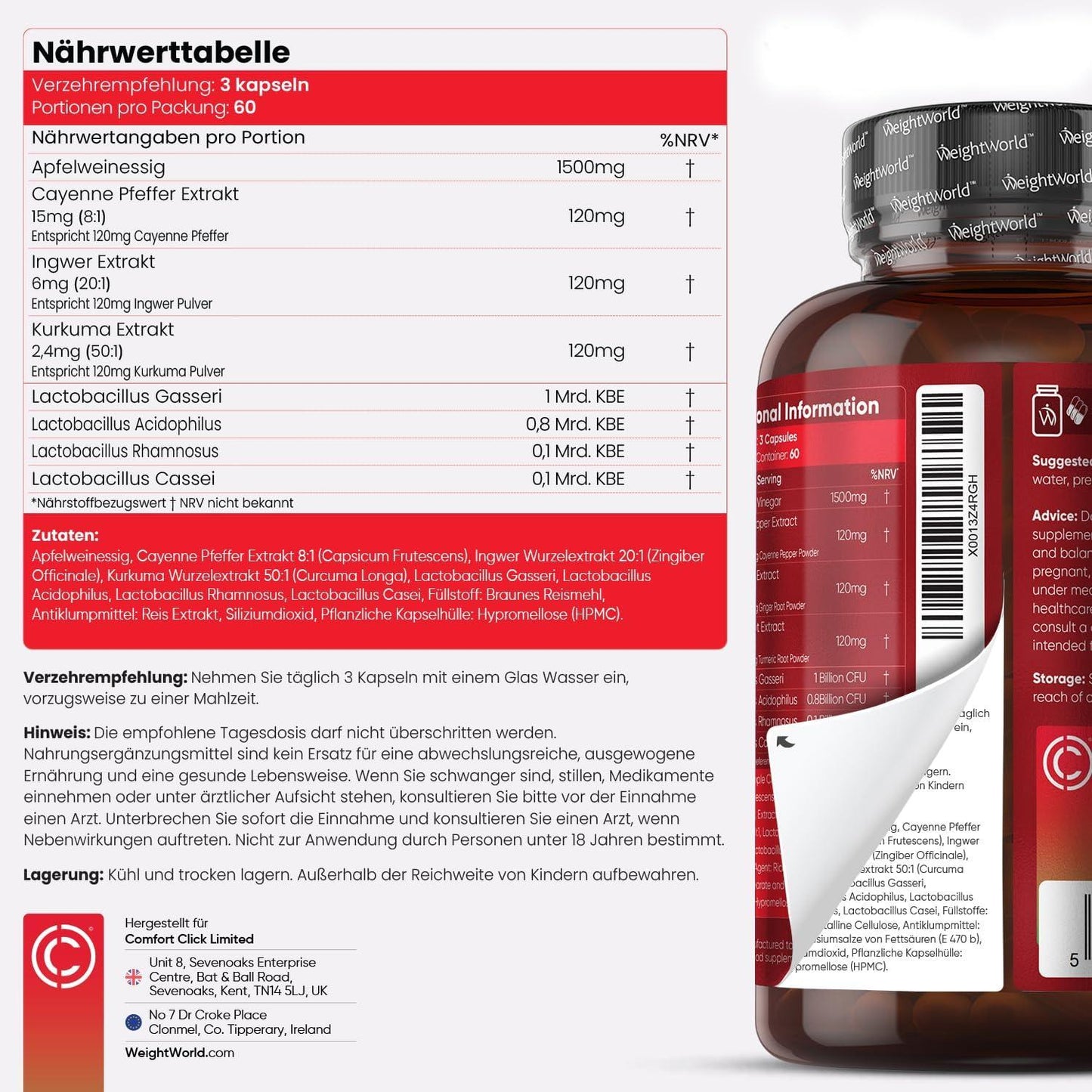 Apfelessig Kapseln - 1860mg Apfelessig Komplex mit Essigmutter & Probiotika mit Lactobacillus Gasseri, Kurkuma, Ingwer & Cayenne Pfeffer - 180 Stück für 2 Monate - Apple Cider Vinegar - WeightWorld - urmax