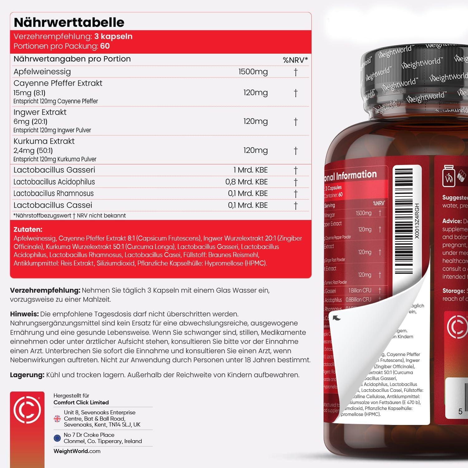 Apfelessig Kapseln - 1860mg Apfelessig Komplex mit Essigmutter & Probiotika mit Lactobacillus Gasseri, Kurkuma, Ingwer & Cayenne Pfeffer - 180 Stück für 2 Monate - Apple Cider Vinegar - WeightWorld - urmax