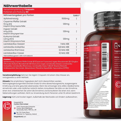 Apfelessig Kapseln - 1860mg Apfelessig Komplex mit Essigmutter & Probiotika mit Lactobacillus Gasseri, Kurkuma, Ingwer & Cayenne Pfeffer - 180 Stück für 2 Monate - Apple Cider Vinegar - WeightWorld - urmax