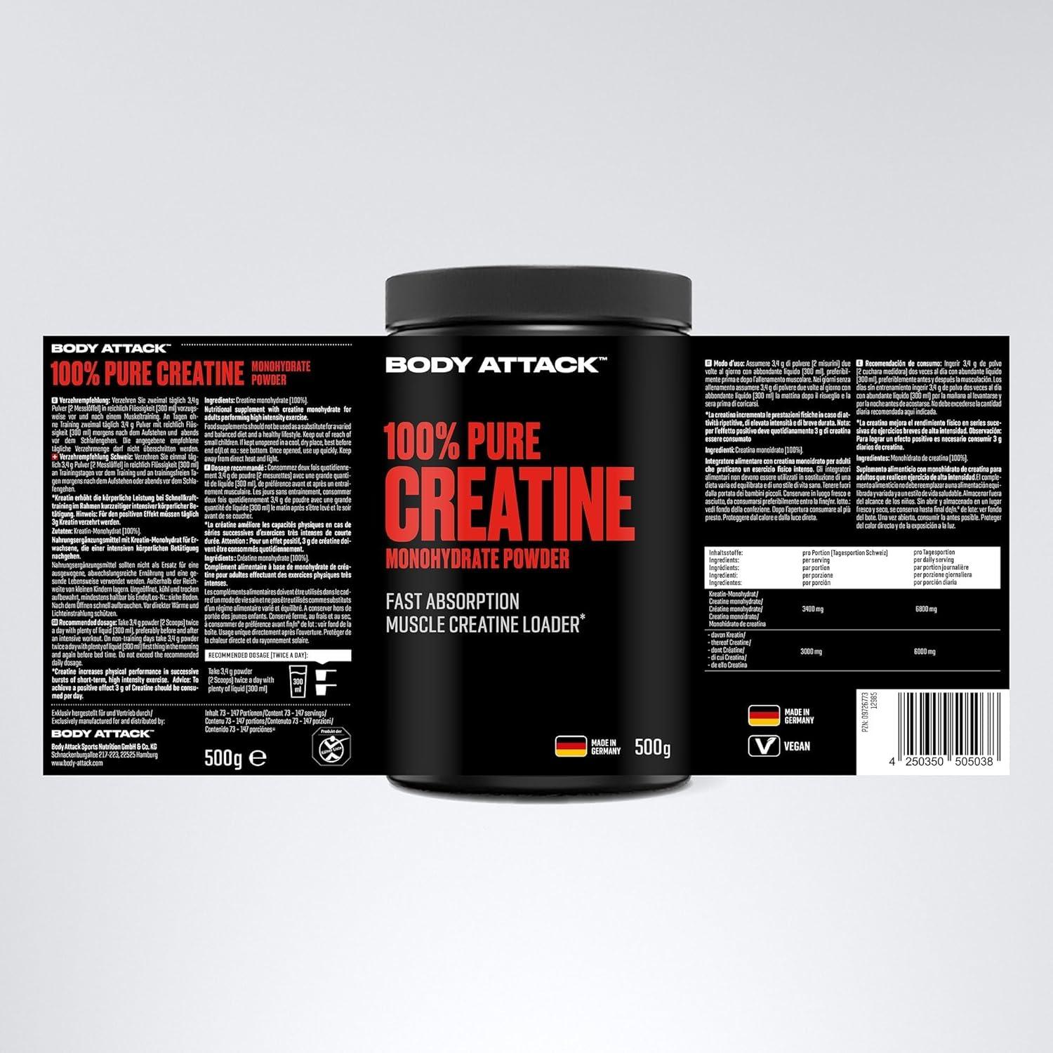 Body Attack 100 Pure Creatine Capsules, 240 Capsules, 1 Pack (1 x 221g) 24842 500g - urmax