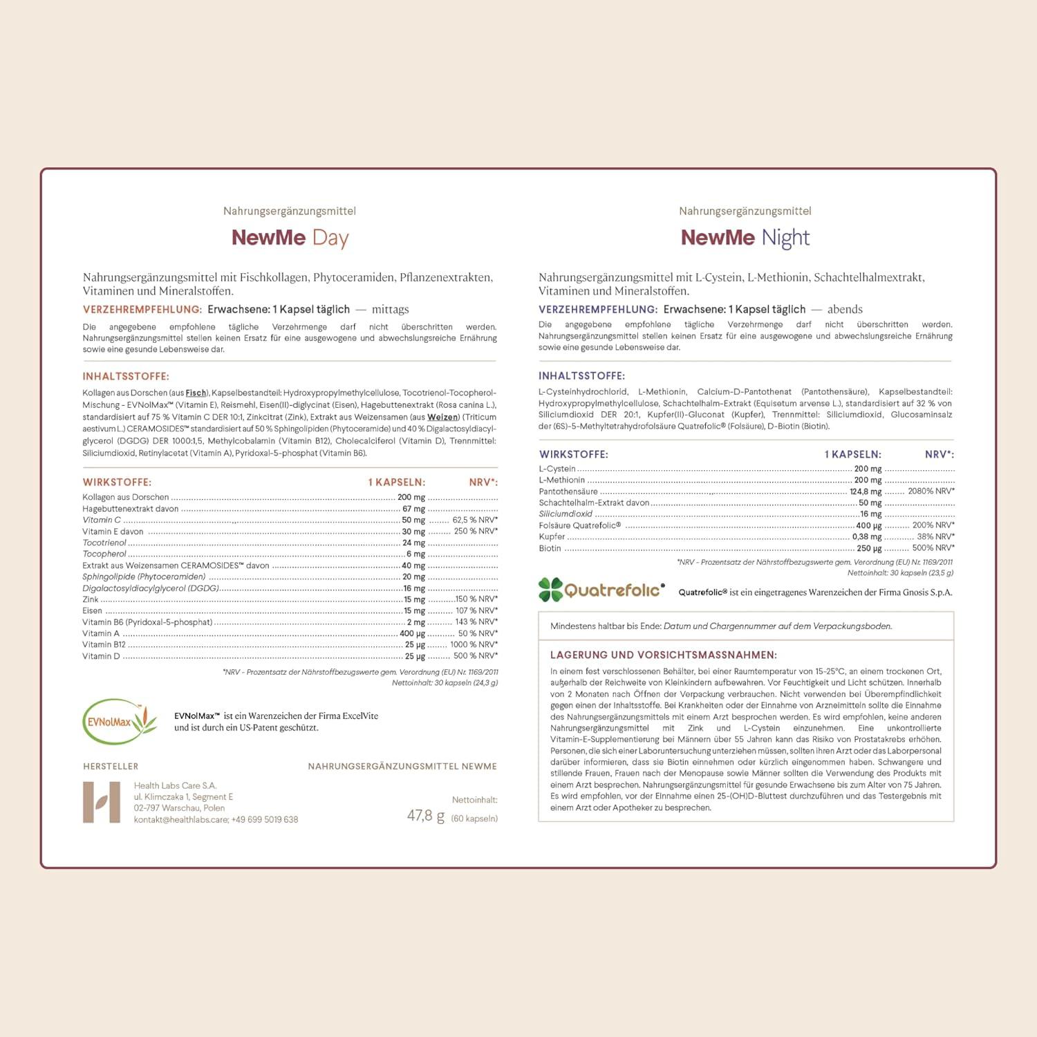 Health Labs Care Nahrungsergänzungsmittel für gesunde Haut, Haare und Nägel - mit hoch absorbierbares Fischkollagen - ergänzt die Ernährung mit Vitaminen und Mineralien - 60 Kapseln NewMe Day&Night - urmax