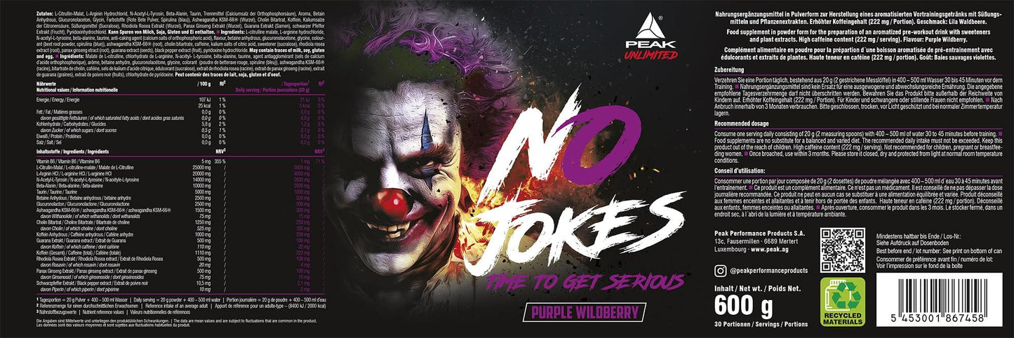PEAK No Jokes - 600g | Концентриран Pre Workout Booster с L-Citrullin, L-Arginin HCl, Кофеин и Beta-Alanin за напомпаност, фокус и експлозивна енергия | Веган | Различни вкусове - urmax