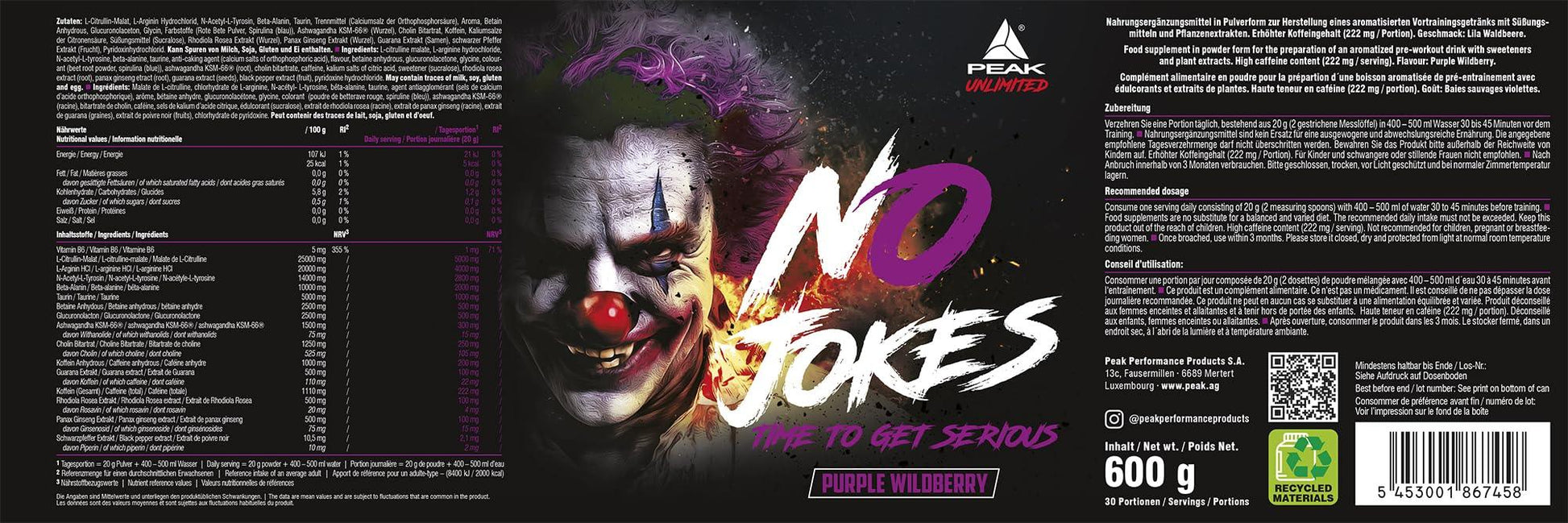 PEAK No Jokes - 600g | Концентриран Pre Workout Booster с L-Citrullin, L-Arginin HCl, Кофеин и Beta-Alanin за напомпаност, фокус и експлозивна енергия | Веган | Различни вкусове - urmax
