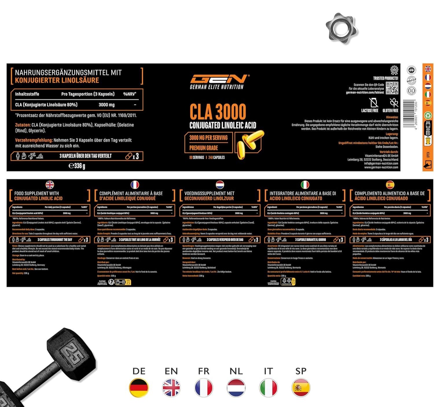 CLA - 240 Kapseln mit jeweils 1000 mg - Hochdosiert mit 3000 mg pro Tagesportion - Laborgeprüft - Konjugierte Linolsäure Fettsäure - Premium Qualität - German Elite Nutrition - urmax