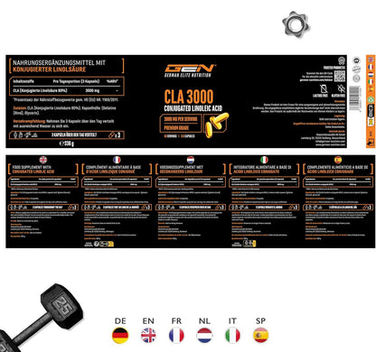 CLA - 240 Kapseln mit jeweils 1000 mg - Hochdosiert mit 3000 mg pro Tagesportion - Laborgeprüft - Konjugierte Linolsäure Fettsäure - Premium Qualität - German Elite Nutrition - urmax